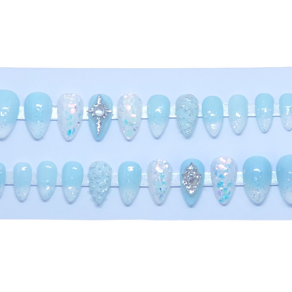 *SOLD* Handmade Custom Press On Nails Short Almond Shape Baby Blue French Tip - Picture 5 of 10